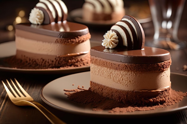 Chocolate mousse cakes with cream on plate in pastry shop created with generative ai