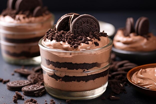 A chocolate mousse dessert with oreo cookies on top