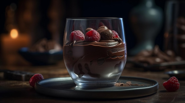 Chocolate mousse with raspberries and blueberries on a black backgroundgenerative ai