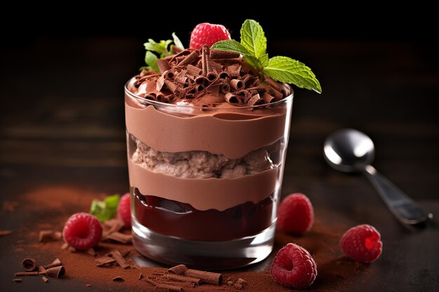 Chocolate mousse with raspberries and mint in a glass on dark wooden table