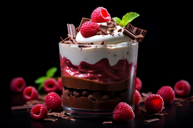 Chocolate mousse with raspberry in a glass delicious dessert dark background