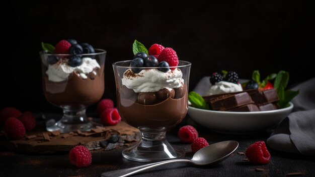 Chocolate mousse with whipped cream and berries a rich and luxurious dessert Generative AI image