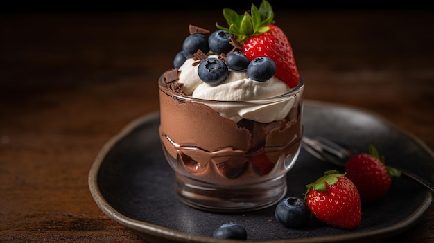 Chocolate mousse with whipped cream and berries a rich and luxurious dessert Generative AI image