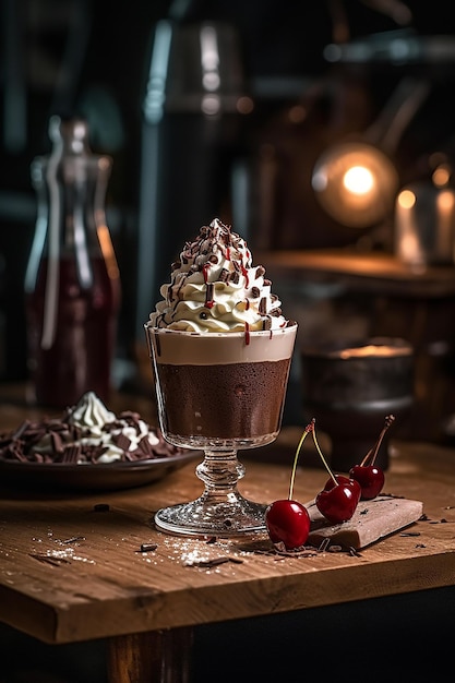 A chocolate mousse with whipped cream and cherry on top