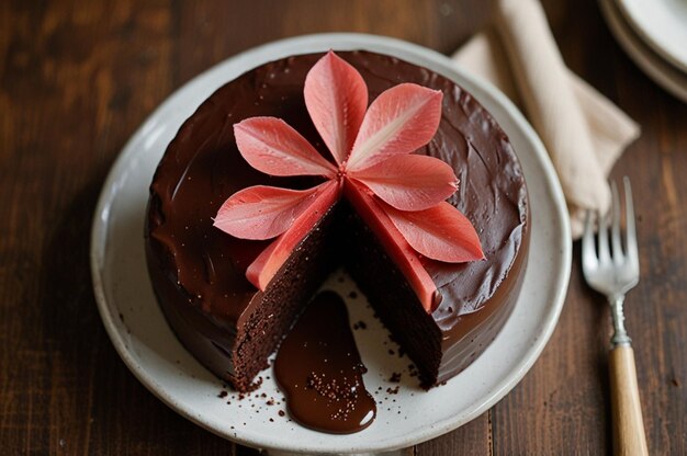 Photo chocolate mud cake with rhubarb