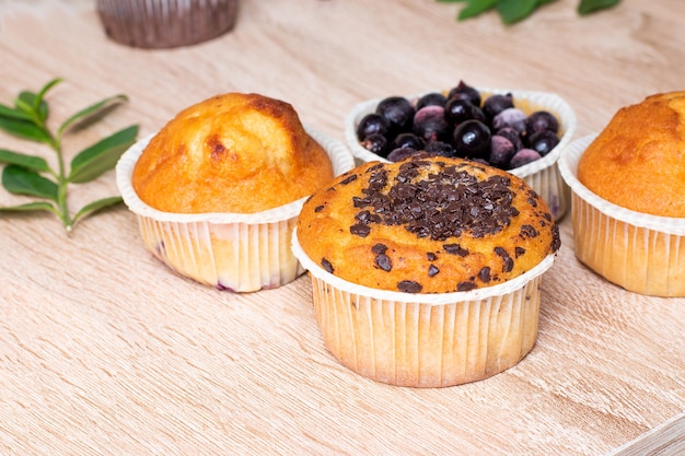 Chocolate muffin and nut muffin, homemade bakery on dark background.