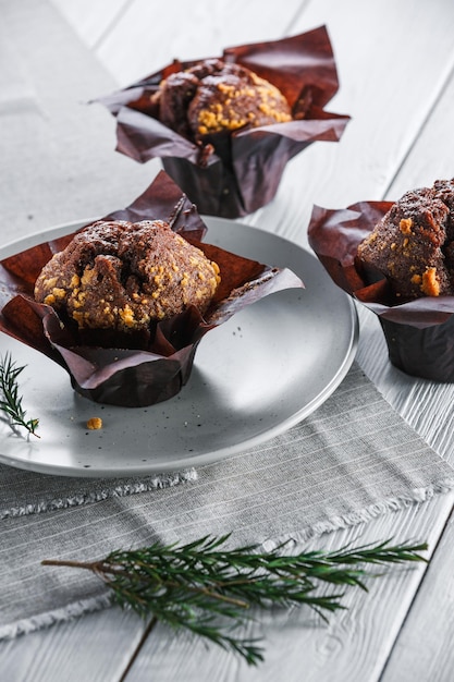 Chocolate muffin on a white background sweet dessert