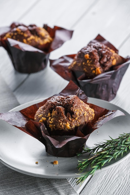 Chocolate muffin on a white background sweet dessert