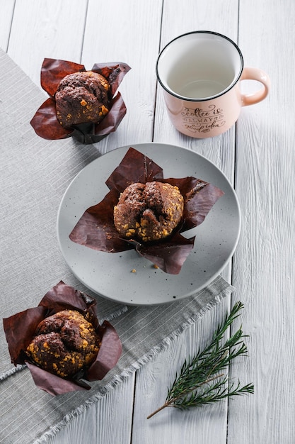 Chocolate muffin on a white background sweet dessert