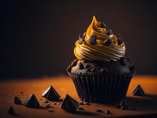 Chocolate muffins cupcakes on a dark background Generative AI