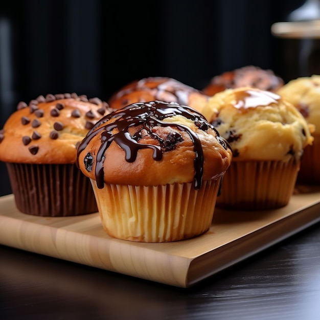 Chocolate muffins with chocolate chips on a dark wooden background