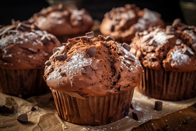 Chocolate muffins with coffee seeds on beige background