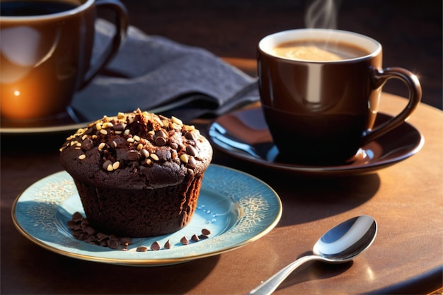 Chocolate muffins with a cup of coffee on the table