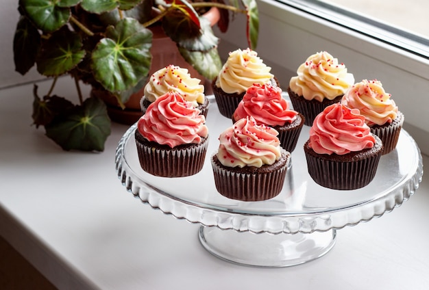 Chocolate muffins with a hat of pink and white cream