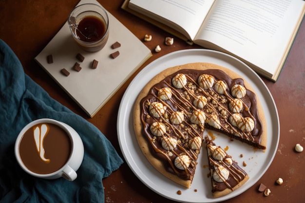 Chocolate peanut butter caramel pizza topped with whipped cream