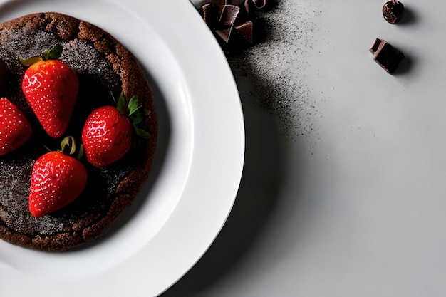 Chocolate pie and some strawberry fruit serve on a plate with negative space