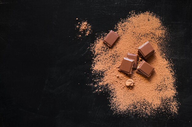 Chocolate pieces and cocoa powder on dark black background Top view