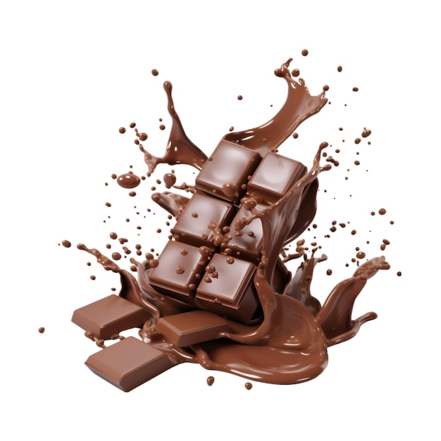 chocolate pieces falling on chocolate sauce with isolated on a white background