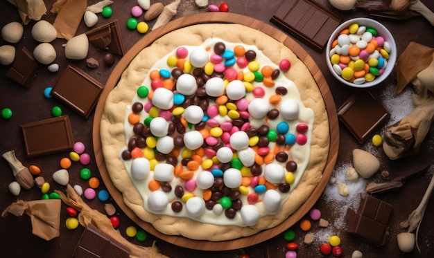 A chocolate pizza with a chocolate bar in the background.