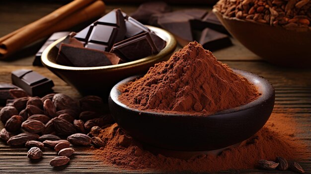 chocolate powder in a container Raw cocoa beans bowl with cocoa powder chocolate in a sack