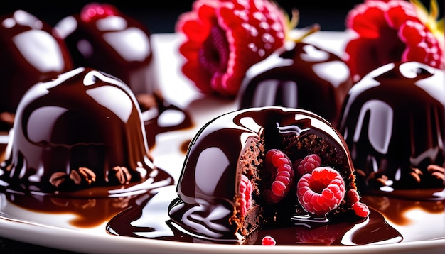 chocolate pralines glistening with a glossy with raspberry plate of chocolates and raspberries