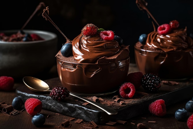 Chocolate puddings with berries on a table