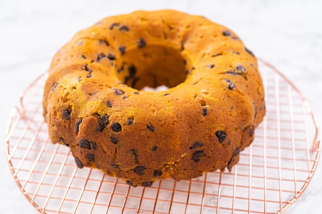 Chocolate pumpkin bundt cake with toffee glaze