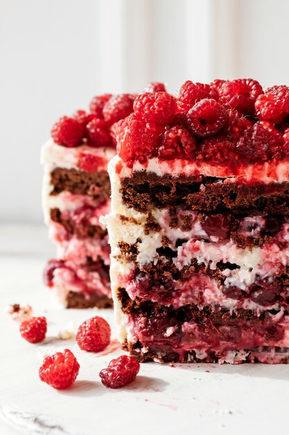 Chocolate raspberry cake inside cutaway filling macro shot 