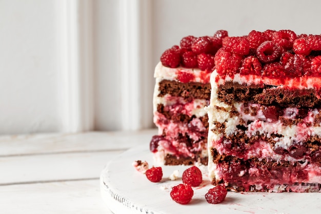 Chocolate raspberry cake inside cutaway filling macro shot 