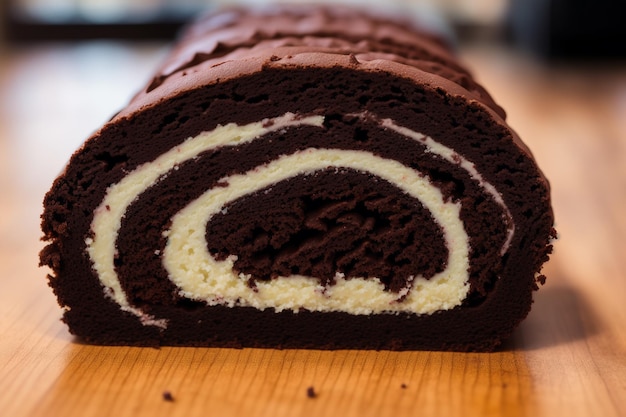 A chocolate roll with white cream cheese filling sits on a wooden cutting board.