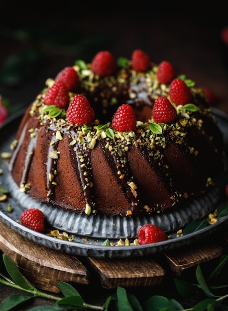 Chocolate round cake. Chocolate muffin with raspberry.