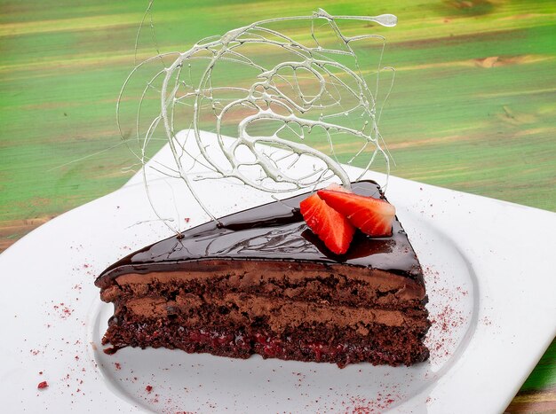 Chocolate Sacher cake with strawberries