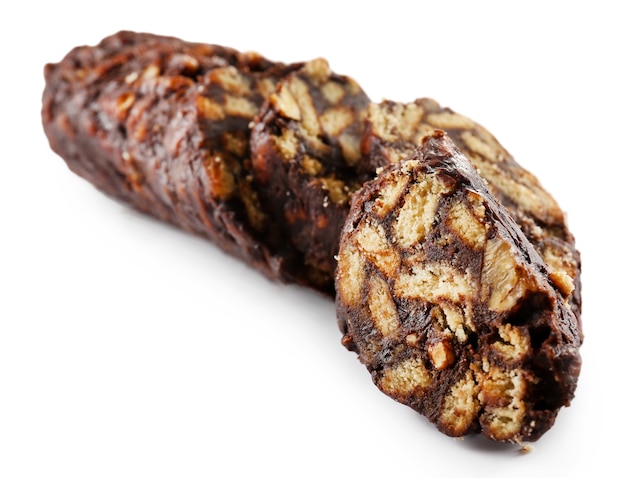 Chocolate salami, isolated on white