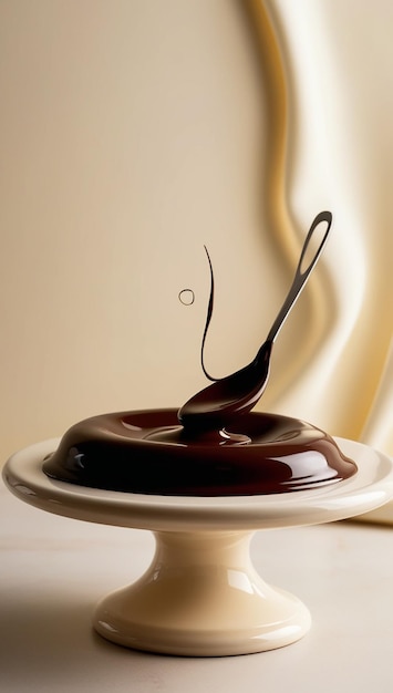 Photo a chocolate sauce is on a plate with a gold background