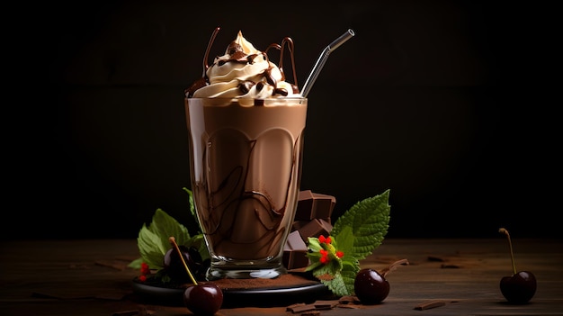 a chocolate shake in glass on the wood table with chocolate