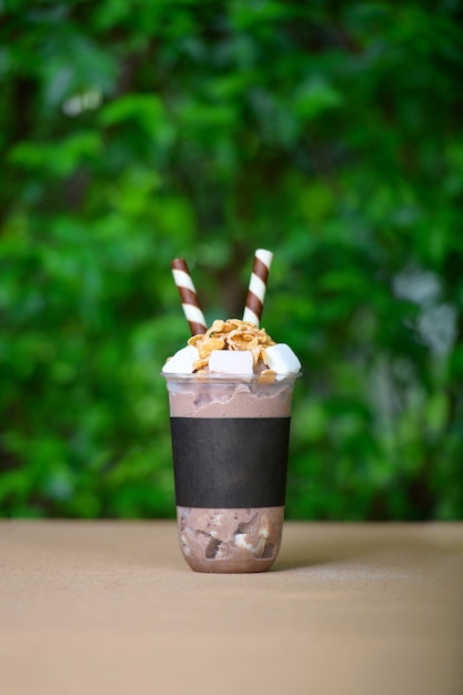 Chocolate shave ice on wooden table