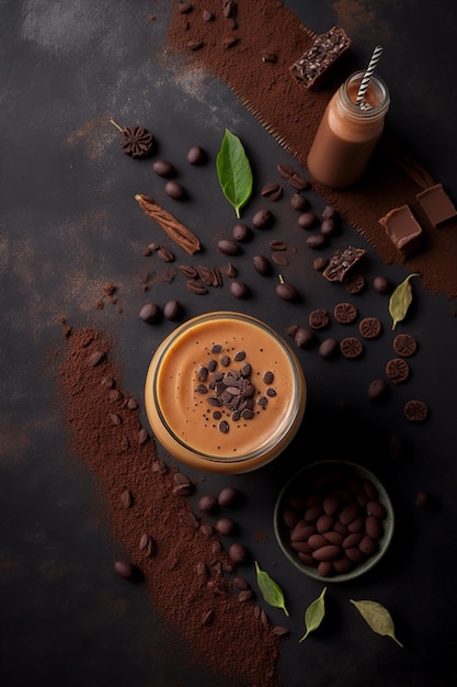 A chocolate smoothie with coffee beans and chocolate on a dark background.