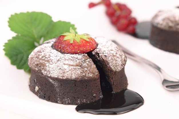 Chocolate souffle cake on white background