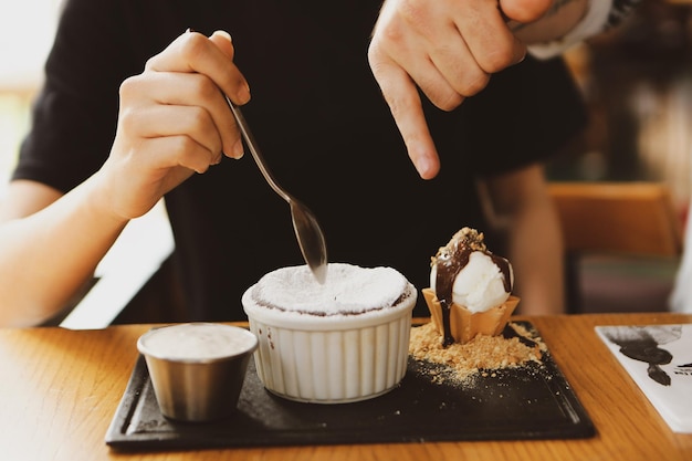 Chocolate Souffle with ice cream