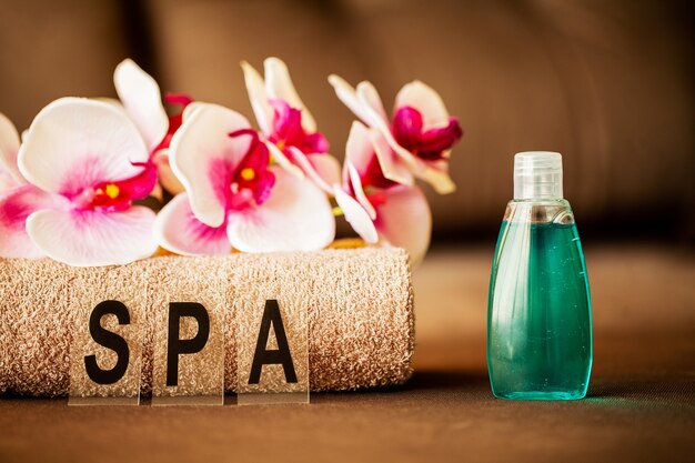 Chocolate Spa, Composition brown towel in hotel room of spa treatment,