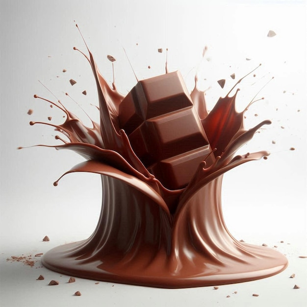 a chocolate splash with a piece of chocolate splashing out of it