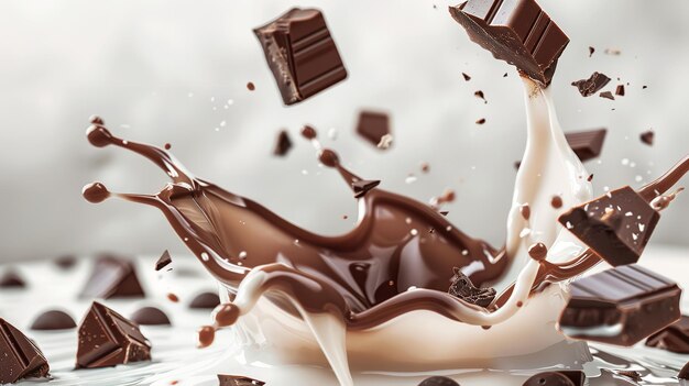 A chocolate splashing with chocolate bits of information suspended in milk World Chocolate Day Generative AI