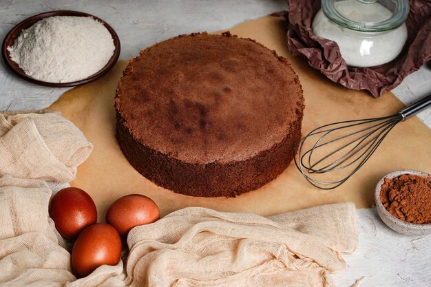 Chocolate sponge cake with copy space or biscuit cake so soft and delicious with ingredients eggs flour and cacao