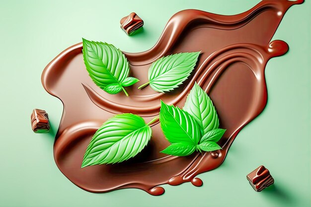 Chocolate spot with mint leaves and square pieces of chocolate on green background