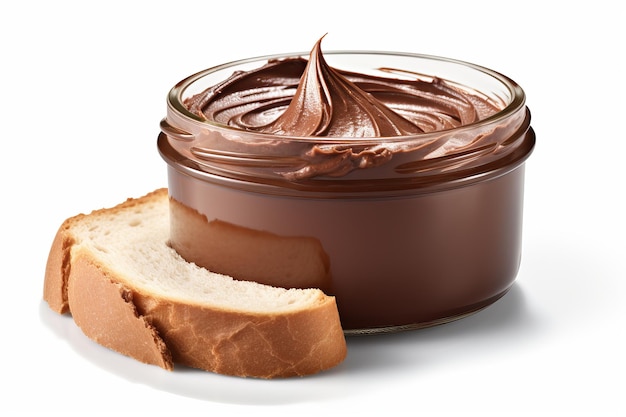 Chocolate spread in a glass jar and slices of bread isolated on white background