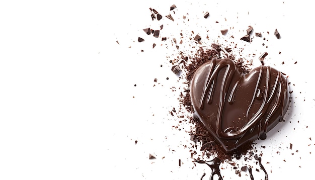 Photo chocolate stain in the form of heart with falling drop isolated on white background