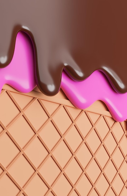 Chocolate and Strawberry Ice Cream Melted on Wafer Background.,3d model and illustration.