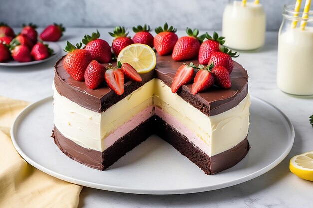 Chocolate Strawberry Lemon Torte made with 6 layers of chocolate cake filled with lemon