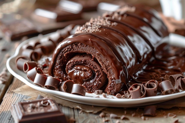 Chocolate Swiss roll with a chocolate ganache effect