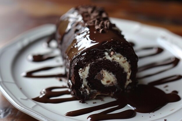 Chocolate Swiss roll with a chocolate ganache effect